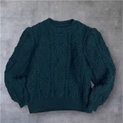 vintage アランニット ケーブル編みセーター 緑 透け感 春服 レトロ