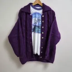 モヘア　襟付きケーブルニットカーディガン　パープル　used vintage古着