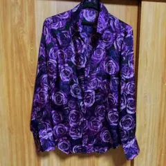 ブラックバリア　日本製　パープル薔薇柄　長袖シャツ　Lサイズ