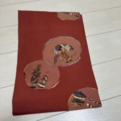 八寸名古屋帯 ダマスク柄 グリーン×オレンジ ハロウィンにも 長さ347cm