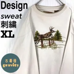 【人気アイテム】US古着☆スウェット　アニマル刺繍　鹿　リブライン