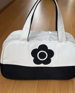 【美品】マリークヮント ボストンバッグ デイジー エナメル バイカラー 白×黒