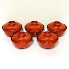秋田　川連漆器 椀 5個セット 赤黒 伝統工芸品　美品　天然木　黒内古代塗　柿形 川連漆器 汁椀