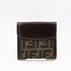美品　フェンディ　ズッカ柄　キャンバス　レザー　Wホック　折り財布　ブラウン