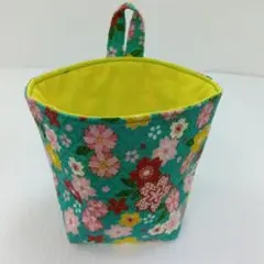 1/『ハンドメイド』和柄 桜模様 壁掛けバケット リバーシブル 小物入れ 緑のサムネイル