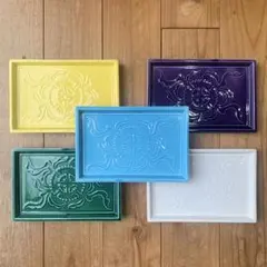 京都　萬珠堂　色違い角皿　５枚セット　平皿　陶器　花模様