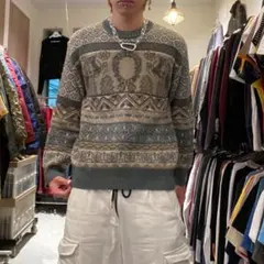 90s vintage グランジ 総柄切り替え クルーネック 3Dニットセーター