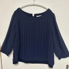 ネイビー プリーツデザイン 五分袖ブラウス