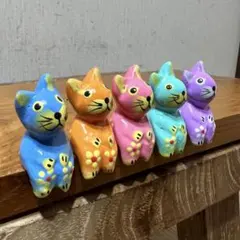 バリ猫5匹組P 猫の木彫り人形 バリ雑貨 バリ島 アジアン雑貨 バリネコ セット