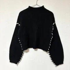 センスオブプレイス　セーター　ハンドステッチ　ショート丈　お洒落　ブラック（F）