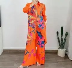 【極美品】華やかプリーツ セットアップ 上下セット パンツスーツ フリーサイズ