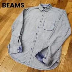 BEAMS　ビームス　グレー　チェック ラウンドカラー長袖シャツ