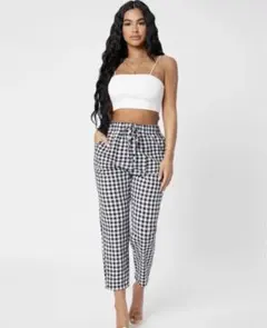 【新品】SHEIN ギンガムチェックパンツ アンクル丈 ホワイト×ブラック