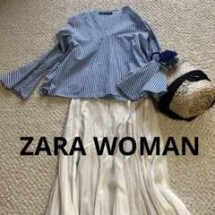 ✨美品✨ZARA ギンガムチェック フレアスリーブ　ブラウス　ブルーホワイト