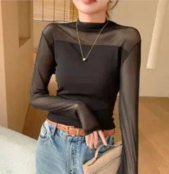 シースルートップス　黒　ブラック　ハイネック　透け感　インナー　シアー素材