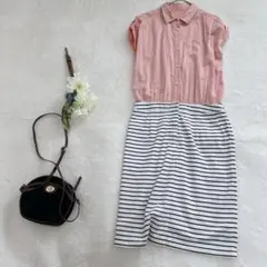 ピンク シャツストライプワンピース 切り替え ひざ下 a2940