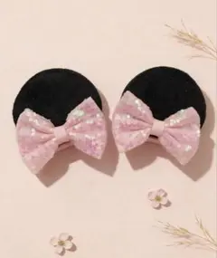 ミニー風 耳型ヘアピン ピンク　女の子 ディズニー リボン ハロウィン コスプレ