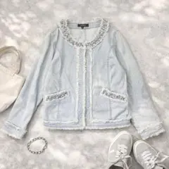 リエンダ デニムジャケット ビジュー ノーカラー ショート丈 ライトブルー M