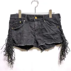 デニムショートパンツ ブラック フリンジ付き【L相当】一点もの