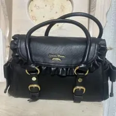 サマンサタバサ　ブラックレザーフリルハンドバッグ