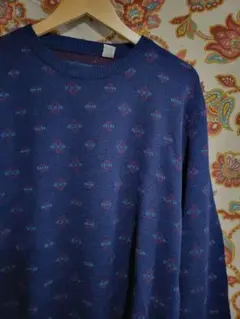 SALE 柄ニット セーター Ｍ ウール ビンテージ 総柄 ネイビー