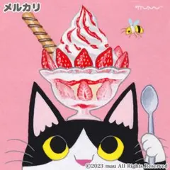 原画「ハチワレ猫 と いちご パフェ」イラスト/アート/絵画/アクリル画/猫/苺