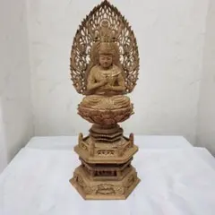 後背羅漢彫☆総白檀 阿弥陀如来三尊像6寸立 眼入観音菩薩・勢至菩薩付