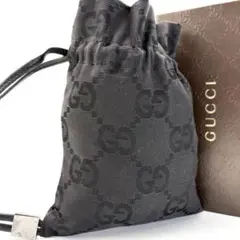 GUCCI　ポーチ　黒　キャンバス　デカロゴ　GG柄　巾着　シルバー　ロゴ金具
