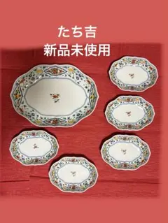 新品未使用　たち吉　唐彩　花数寄　色絵小花　変形楕円　取り分け皿揃