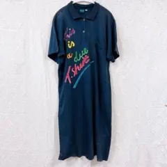 希少イタリア製ヴィンテージ カラフルロゴ刺繍ポロワンピースM紺 綿100%古着