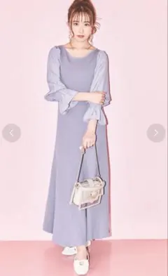 マーキュリーデュオ　異素材スリーブフレアニットワンピース　ブルー