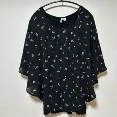 ELLEエル トップス 花柄 フレア袖 ビッグサイズ ドッキング XL 黒 上品