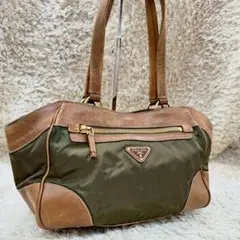 【美品】 PRADA カーキ ハンドバッグ レザー ナイロン 三角ロゴ