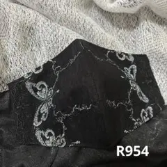 【ハンドメイド】R954 光沢フラワー刺繍レースマスク　ラメ　蝶々　黒シルバー