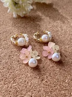 春満開✨パステルカラーのフラワービーズとパールビーズのイヤーカフ　ME411