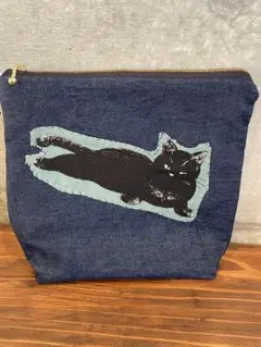 デニムポーチ 黒猫デザイン