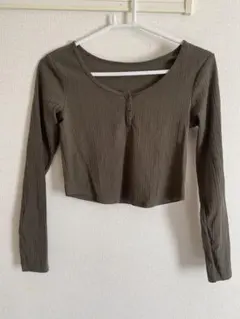 GU コットンブレンドリブクロップドヘンリーTシャツ 長袖 S オリーブ 綿混