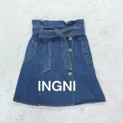 リボンベルト付き台形スカート デニム M インディゴ ガーリー サイドボタン 春