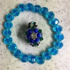 ビーズリングとブレスレット　ハンドメイド　ブルー
