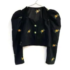 【ハンドメイド】コーデュロイジャケット ショート丈 パフスリーブ 花柄刺繍 XS