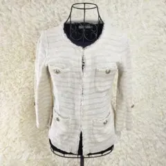 マルティニーク 美品 ノーカラージャケット ボーダー ラメ入り ベージュ 綿麻混のサムネイル