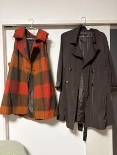 ウールチェックベストとトレンチコートセット