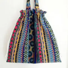 アフリカン　トートバッグ　巾着バッグ　アフリカ　布　ハンドメイド　バッグ　青