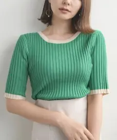 リブ編み 半袖Tシャツ 緑