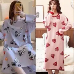 新商品　春　部屋着　パジャマ　ルームウエア　長袖 ワンピース　二点セット