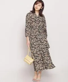 O679ナノユニバース長袖ロングワンピースシャツワンピースネイビー花柄Vネック