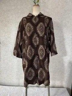 着物リメイク コート ロング 羽織り 和柄 ハンドメイド 古布 茶色 大島紬