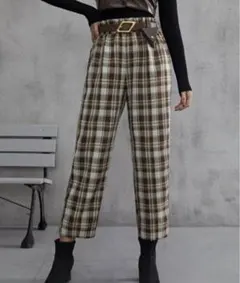 新品　チェックパンツ　ブラウン　 テーパードパンツ　ウエストゴム