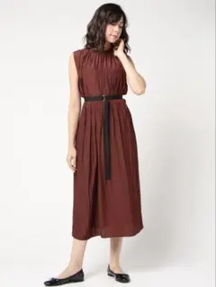 allureville ベルト付ギャザーワンピース ノースリーブ ブラウン L