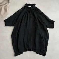 folk made チュニック フリルネック ドルマン 黒 LL ナチュラル